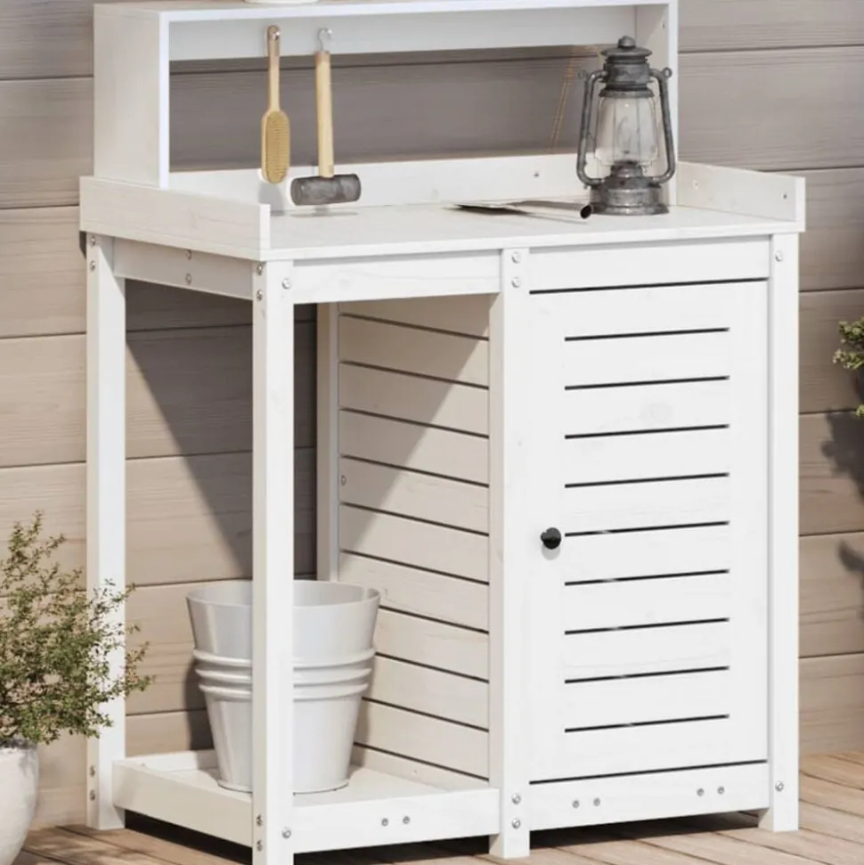 vidaXL Oppottafel met schappen 82,5x50x109,5 cm massief grenenhout wit