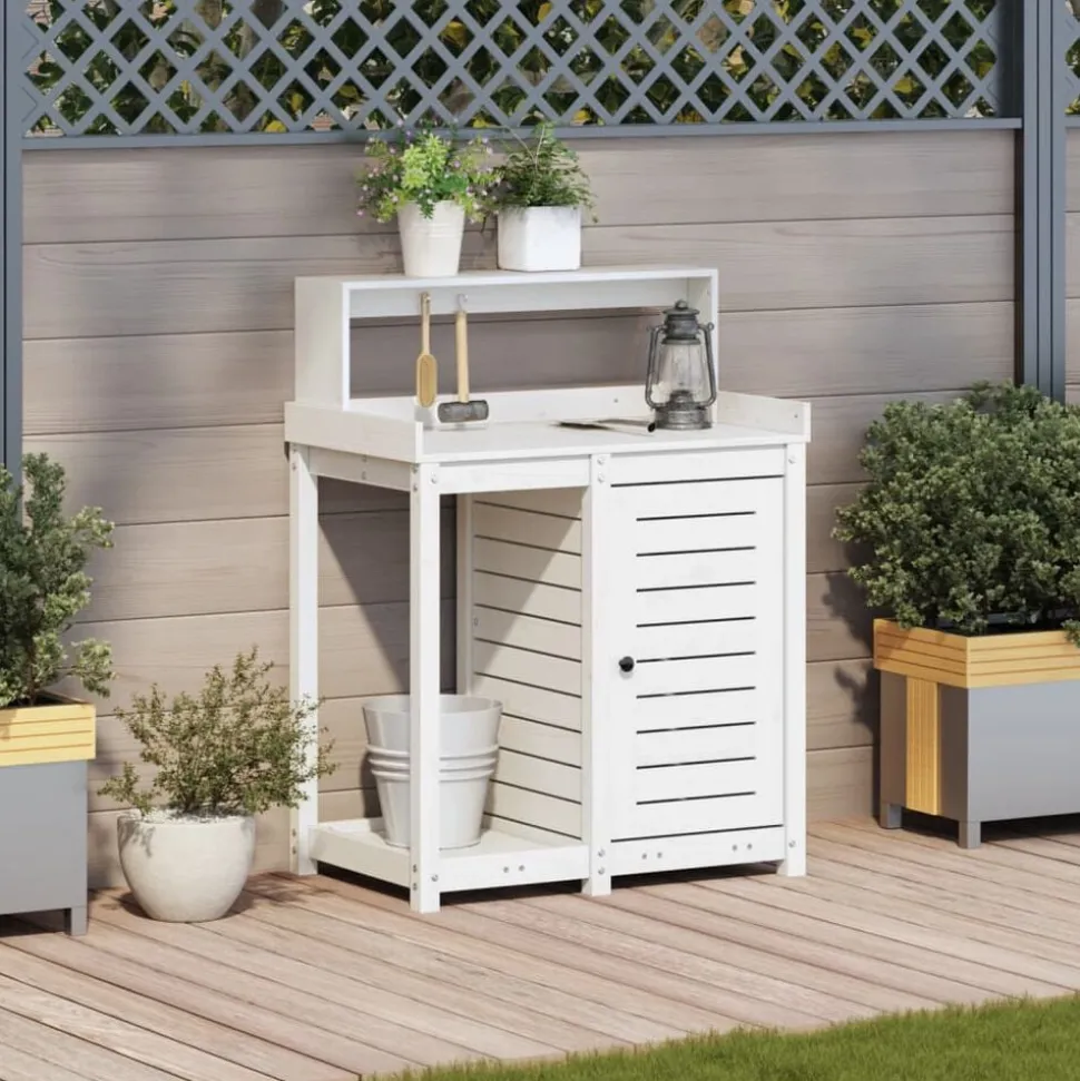vidaXL Oppottafel met schappen 82,5x50x109,5 cm massief grenenhout wit