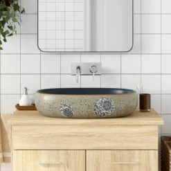 vidaXL Opzetwasbak ovaal 59x40x14 cm keramiek zandkleurig en blauw