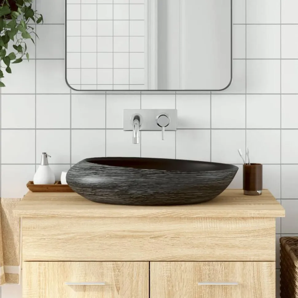 vidaXL Opzetwasbak ovaal 59x40x14 cm keramiek grijs en zwart