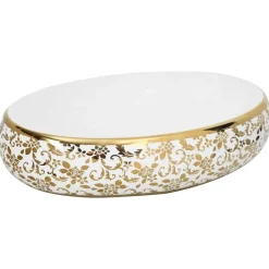 vidaXL Opzetwasbak ovaal 59x40x15 cm keramiek wit en goud