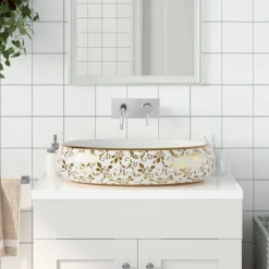 vidaXL Opzetwasbak ovaal 59x40x15 cm keramiek wit en goud