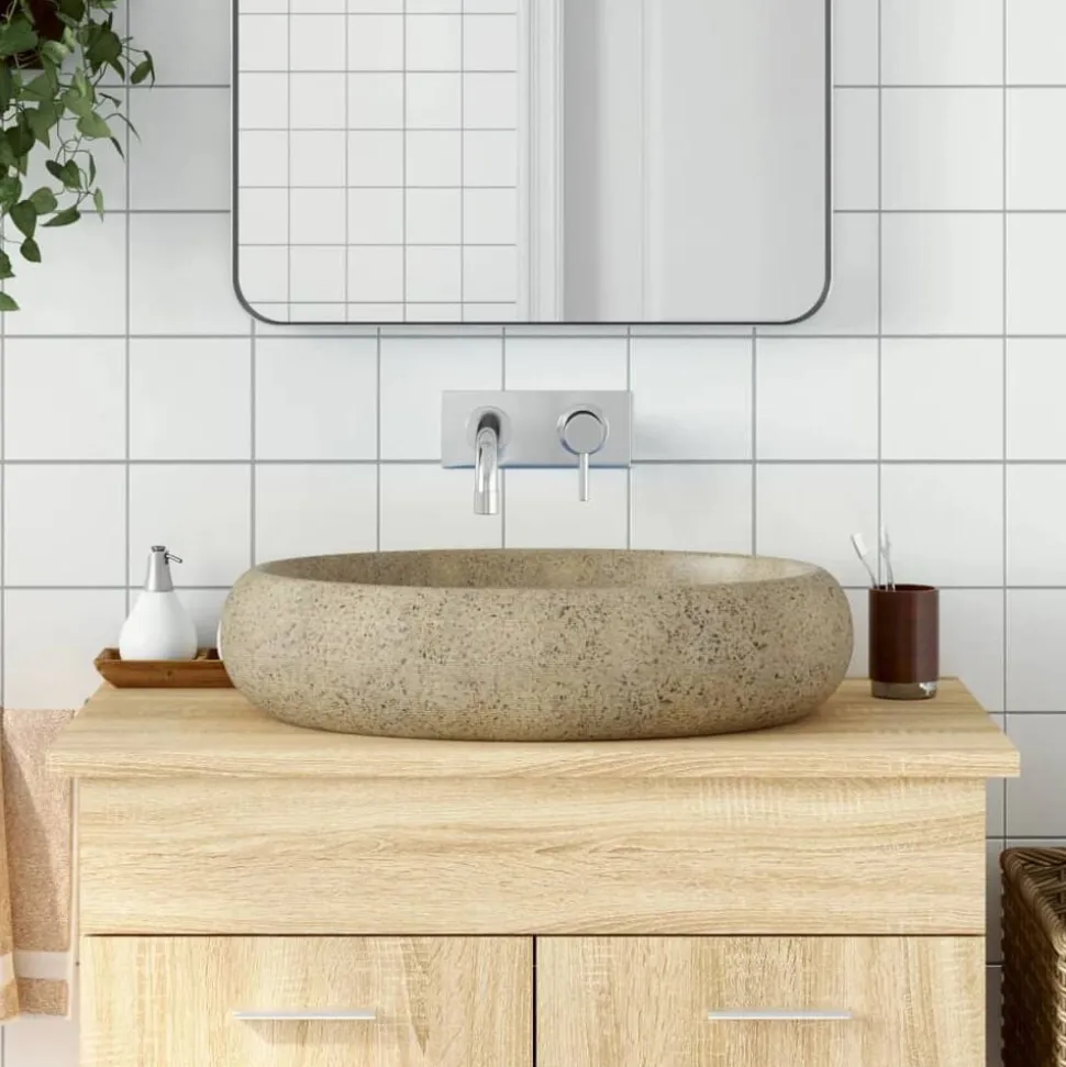 vidaXL Opzetwasbak ovaal 59x40x15 cm keramiek zandkleurig