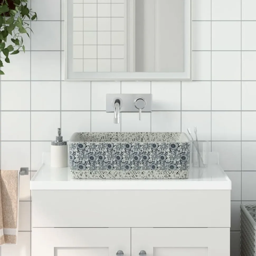 vidaXL Opzetwasbak rechthoekig 46x35,5x13 cm keramiek grijs en blauw