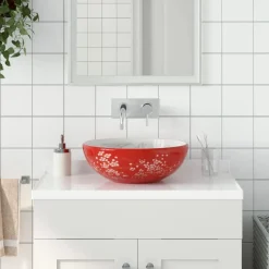 vidaXL Opzetwasbak rond Φ41x14 cm keramiek wit en rood