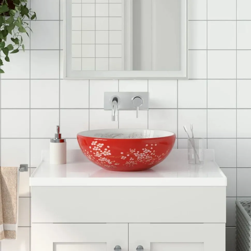 vidaXL Opzetwasbak rond Φ41x14 cm keramiek wit en rood