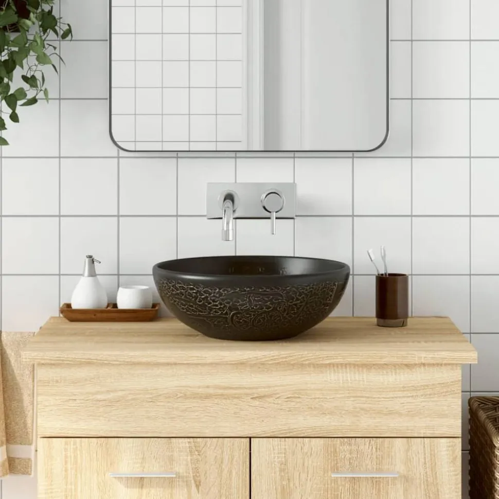 vidaXL Opzetwasbak rond Φ41x14 cm keramiek zwart