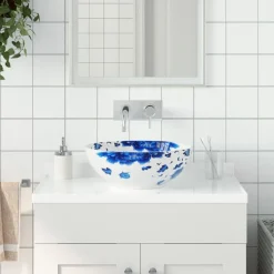 vidaXL Opzetwasbak rond Φ41x14 cm keramiek wit en blauw