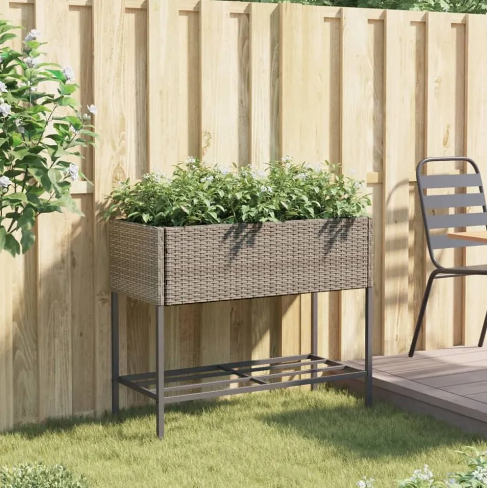 vidaXL Plantenbak met schap poly rattan grijs