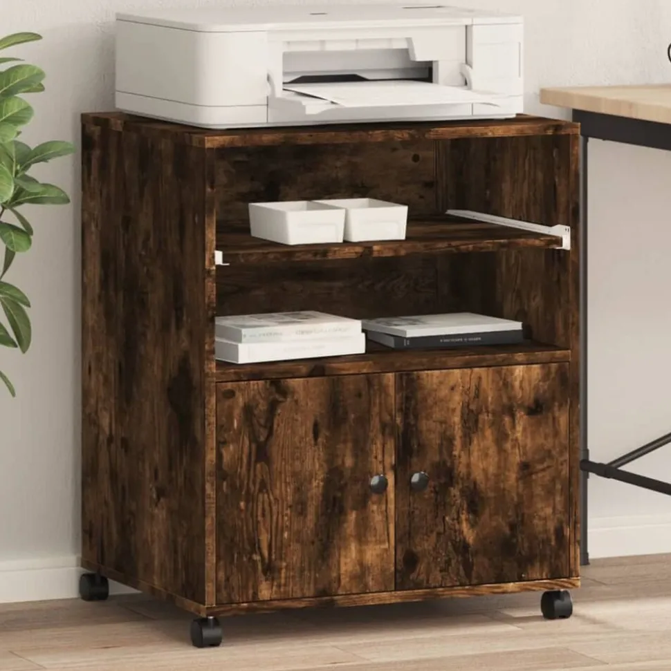 vidaXL Printerkastje met wielen 60x48x74 cm gerookt eikenkleurig
