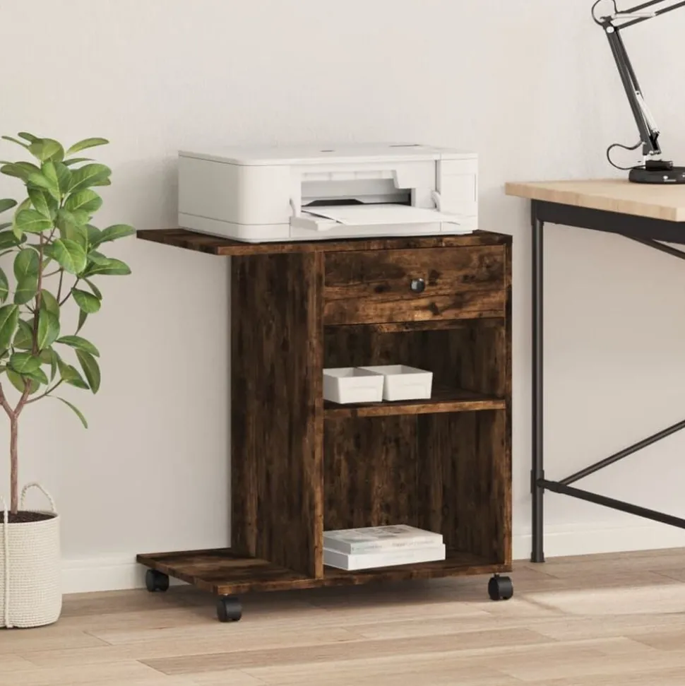 vidaXL Printerkastje met wielen 60x40x68,5 cm gerookt eikenkleurig