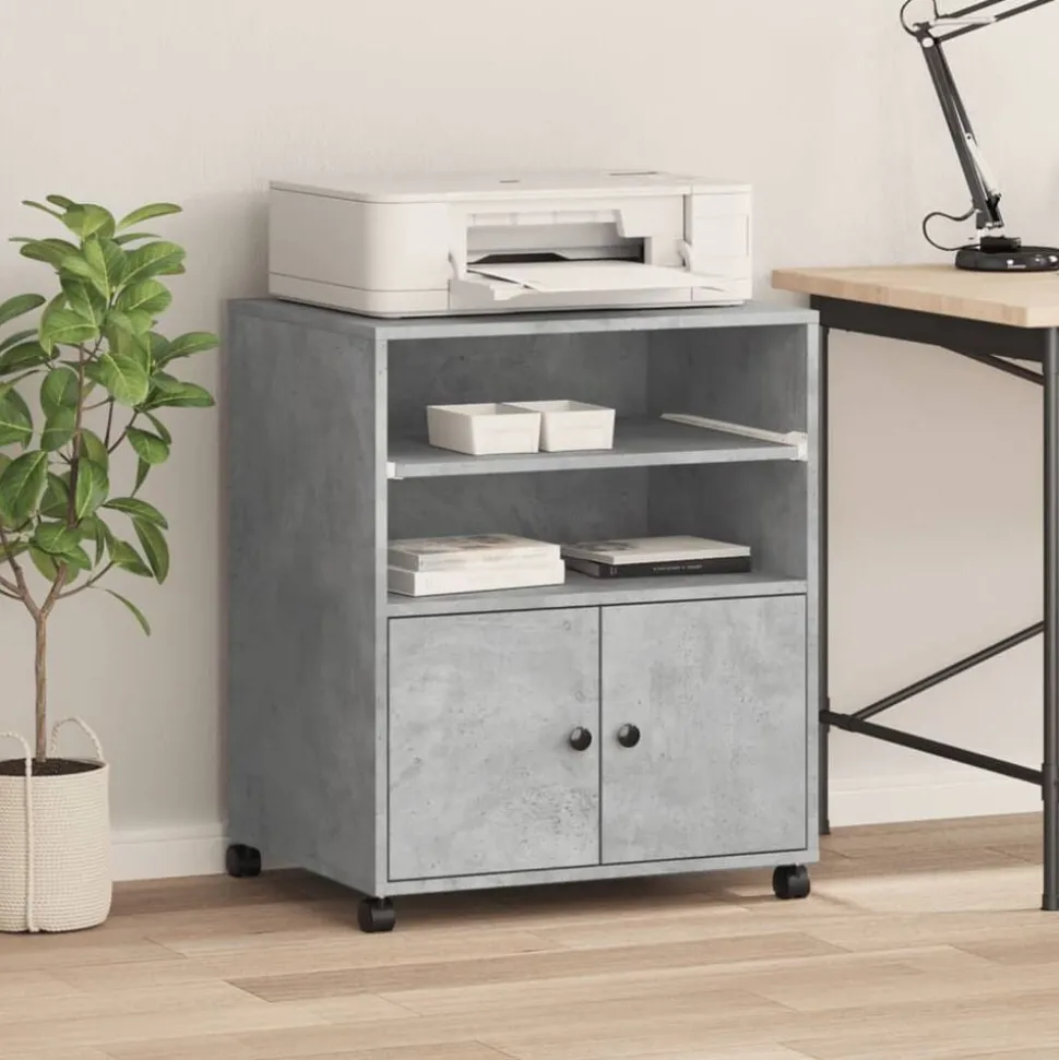 vidaXL Printerkastje met wielen 60x48x74 cm betongrijs