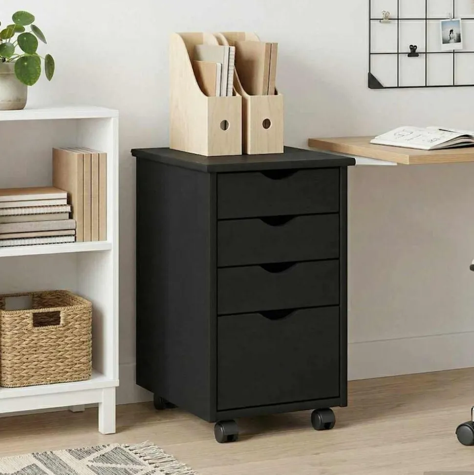 vidaXL Rolling Kast met wiel Zwart 34 x 39 x 56 cm Massief grenenhout