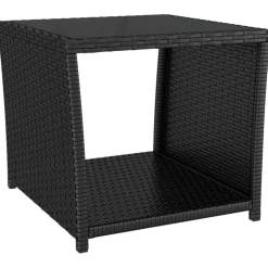 vidaXL Salontafel met glazen blad poly rattan en gehard glas zwart