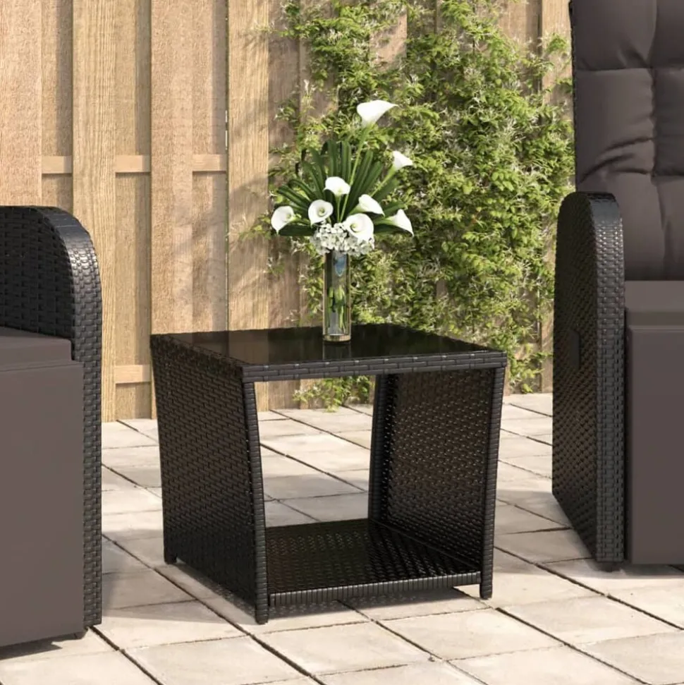 vidaXL Salontafel met glazen blad poly rattan en gehard glas zwart