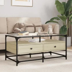 vidaXL Salontafel met glazen blad 98,5x50x45 cm sonoma eiken staal