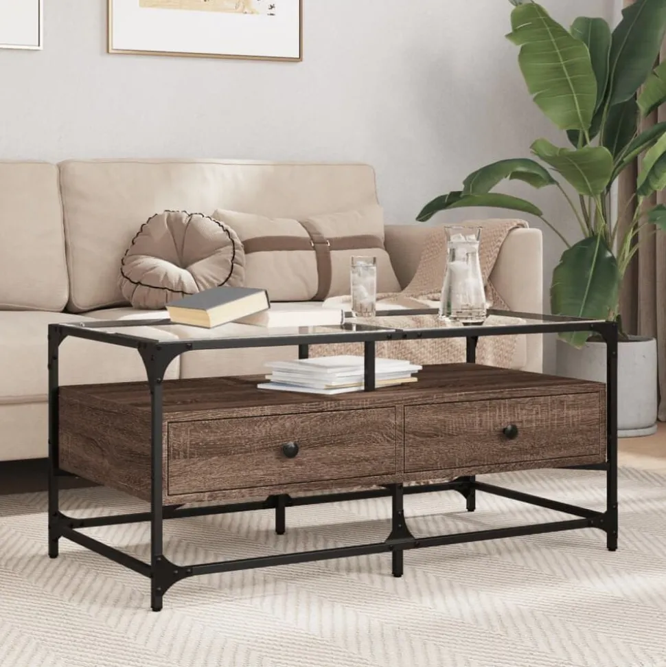 vidaXL Salontafel met glazen blad 98,5x50x45 cm sonoma eiken staal