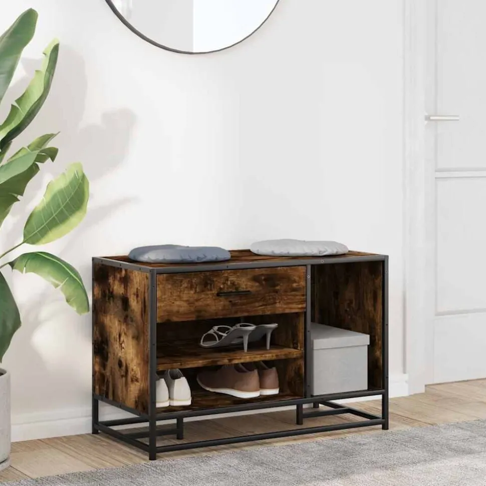 vidaXL Schoenenbank 80x40x53,5 cm bewerkt hout en metaal gerookt eiken