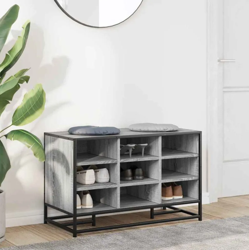 vidaXL Schoenenbank 84x40x53,5 cm bewerkt hout en metaal grijs sonoma