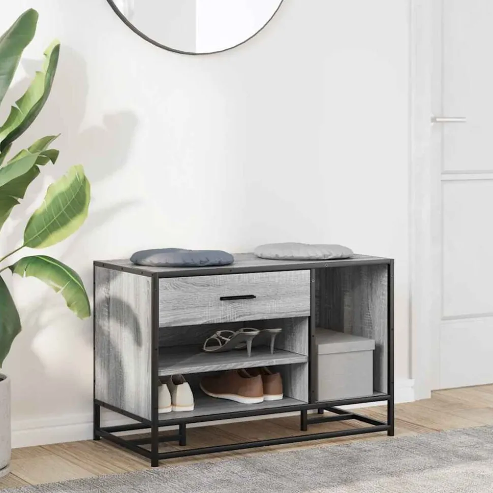 vidaXL Schoenenbank 80x40x53,5 cm bewerkt hout en metaal grijs sonoma