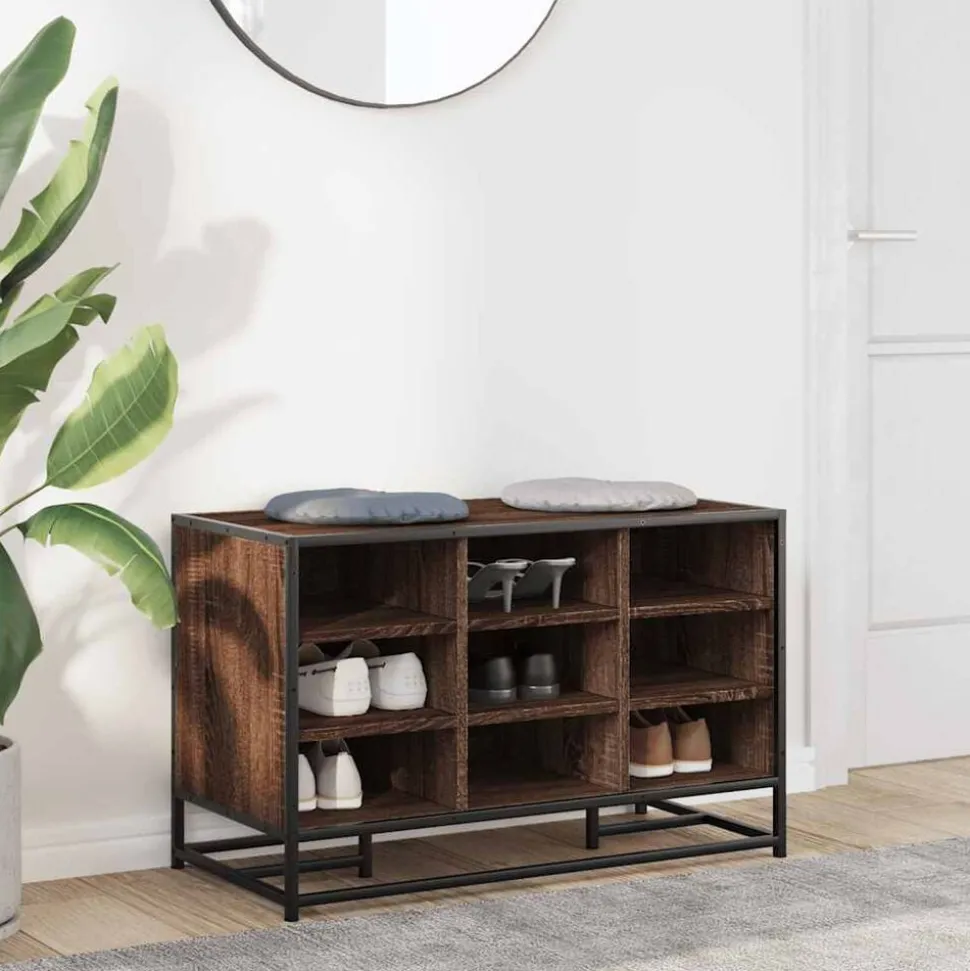 vidaXL Schoenenbank 84x40x53,5 cm bewerkt hout en metaal bruin eiken