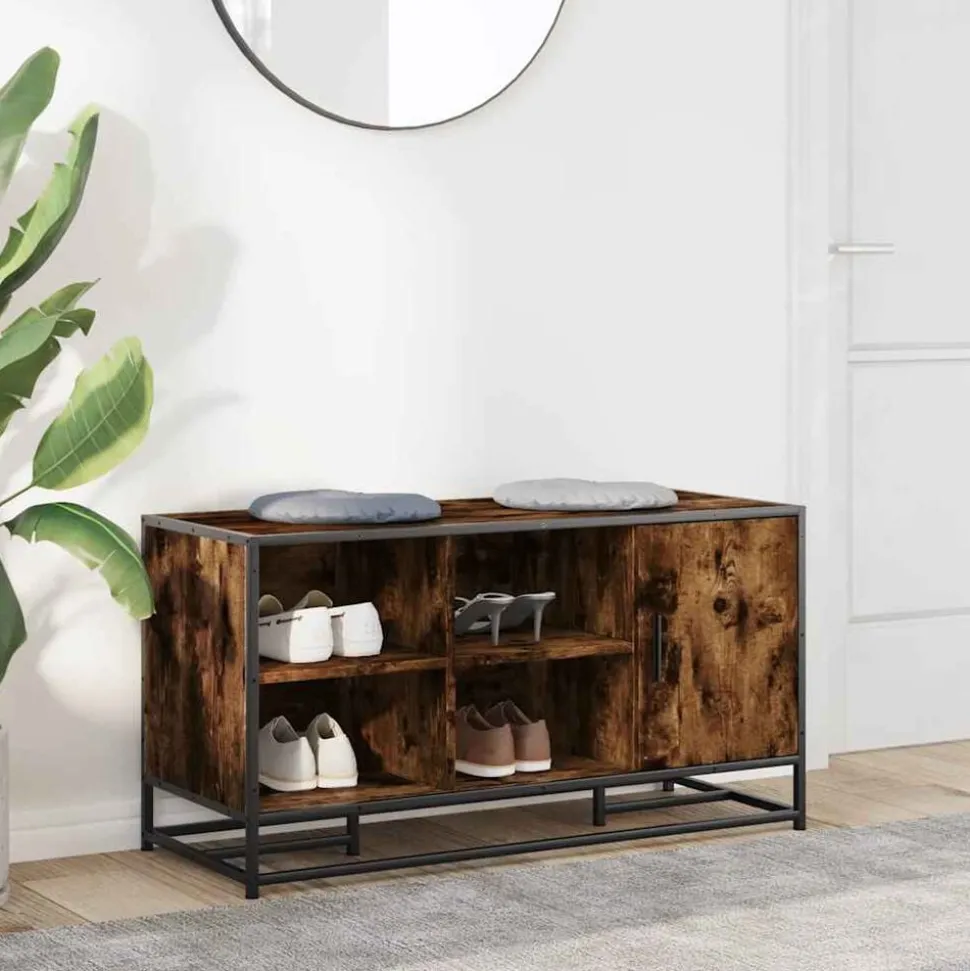 vidaXL Schoenenbank 100x40x53,5cm bewerkt hout en metaal gerookt eiken