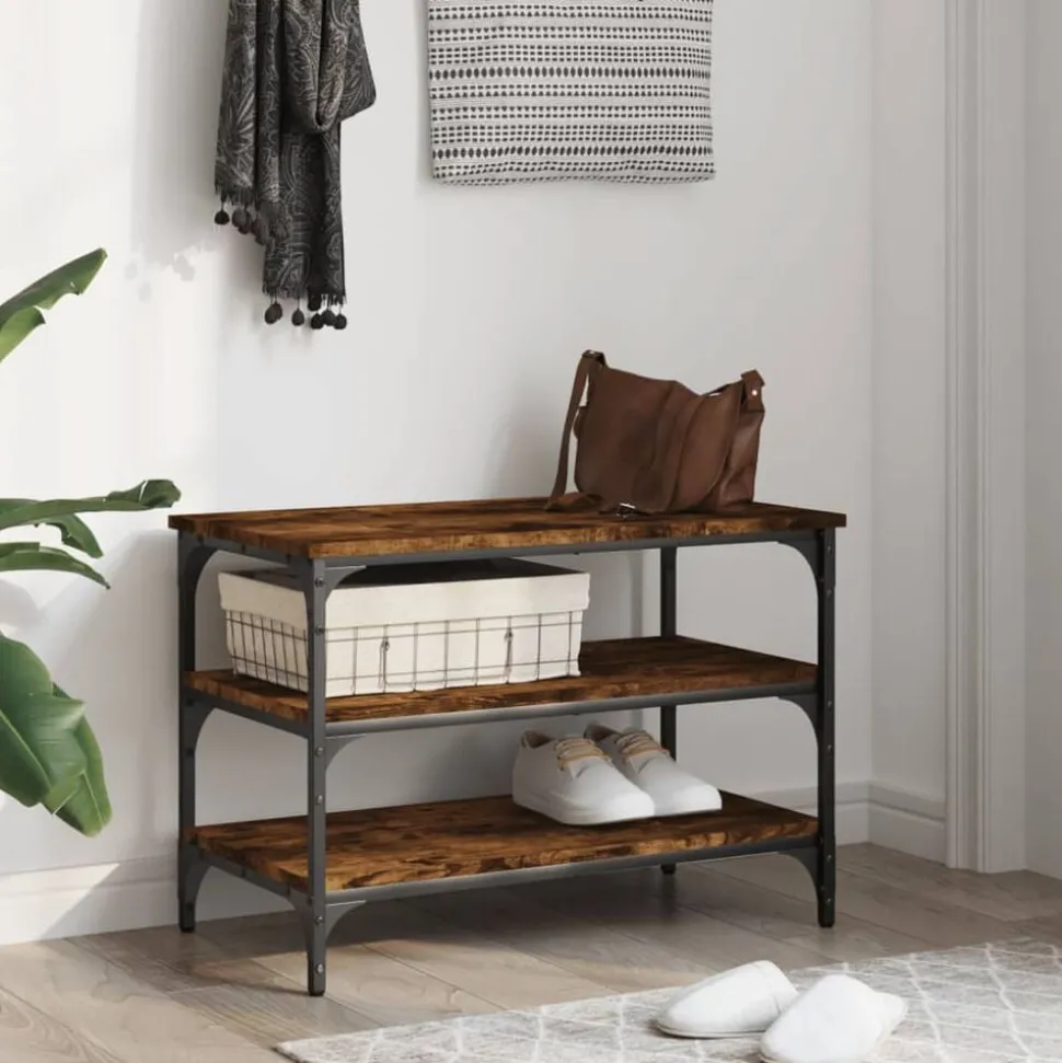 vidaXL Schoenenbankje 70x38,5x49 cm bewerkt hout gerookt eikenkleurig