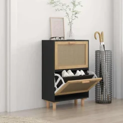 vidaXL Schoenenkast 52x25x80 cm bewerkt hout en rattan zwart