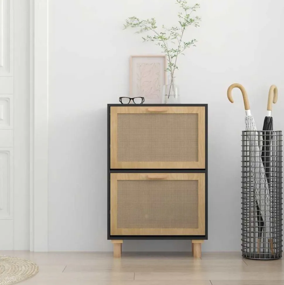 vidaXL Schoenenkast 52x25x80 cm bewerkt hout en rattan zwart