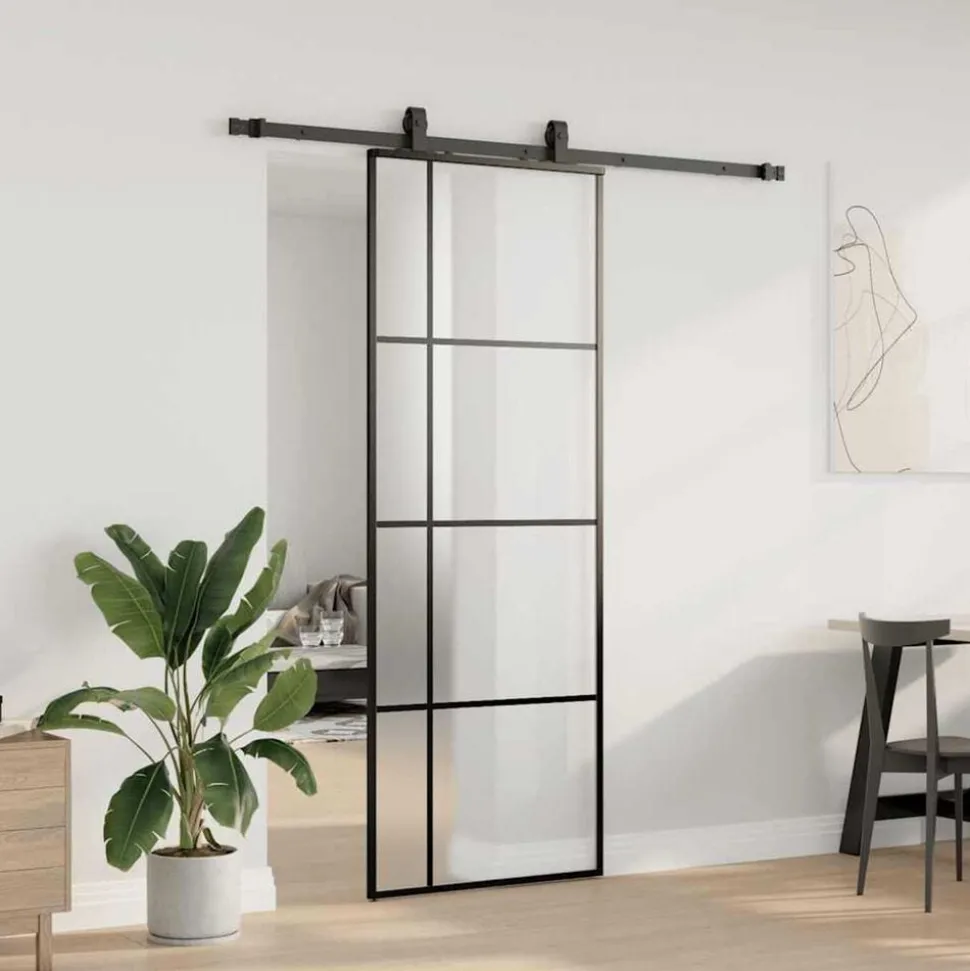 vidaXL Schuifdeur met beslagset 76x205 cm ESG glas zwart