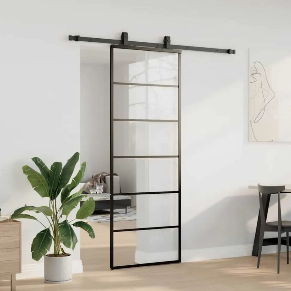 vidaXL Schuifdeur met beslagset 76x205 cm ESG glas zwart