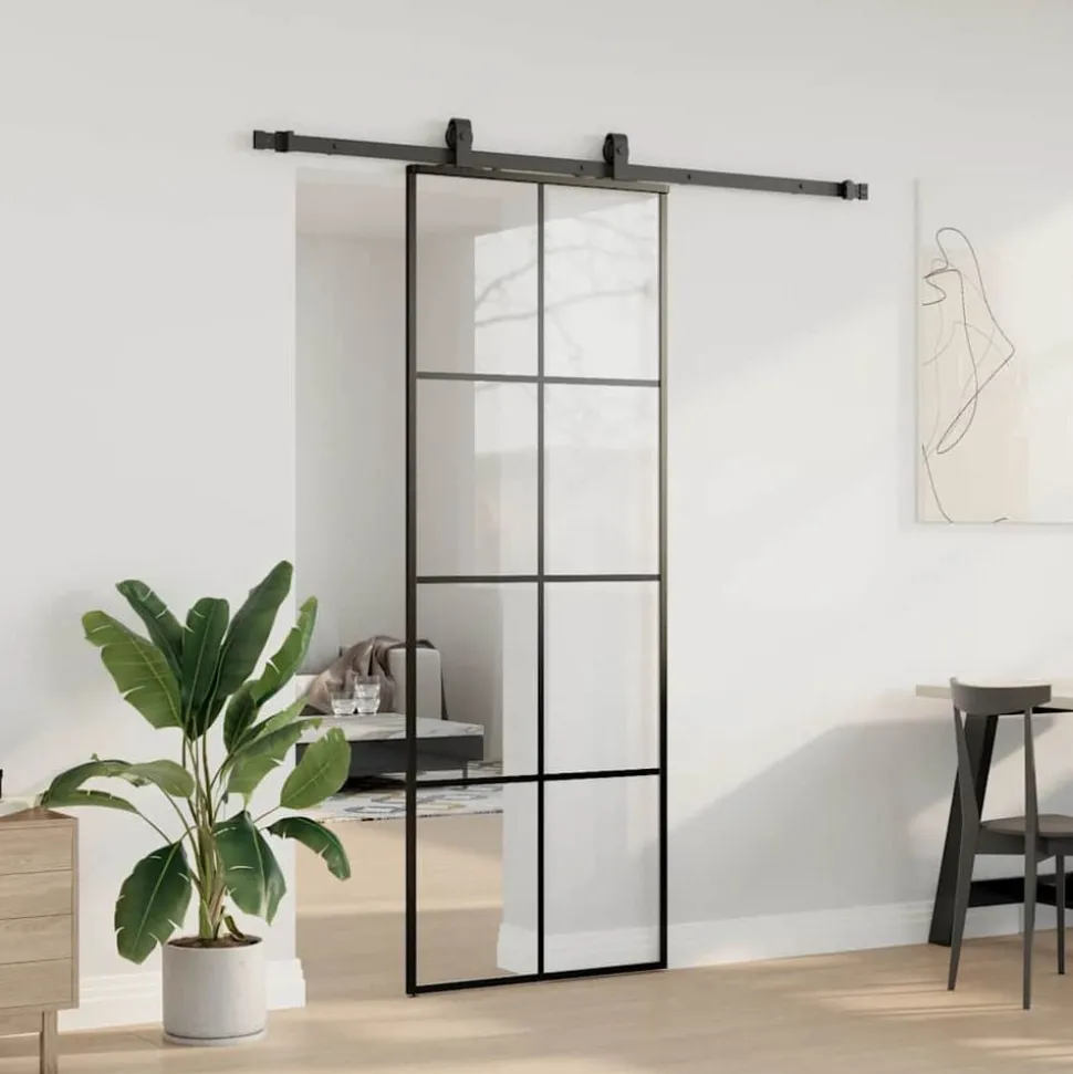 vidaXL Schuifdeur met beslagset 76x205 cm ESG glas zwart