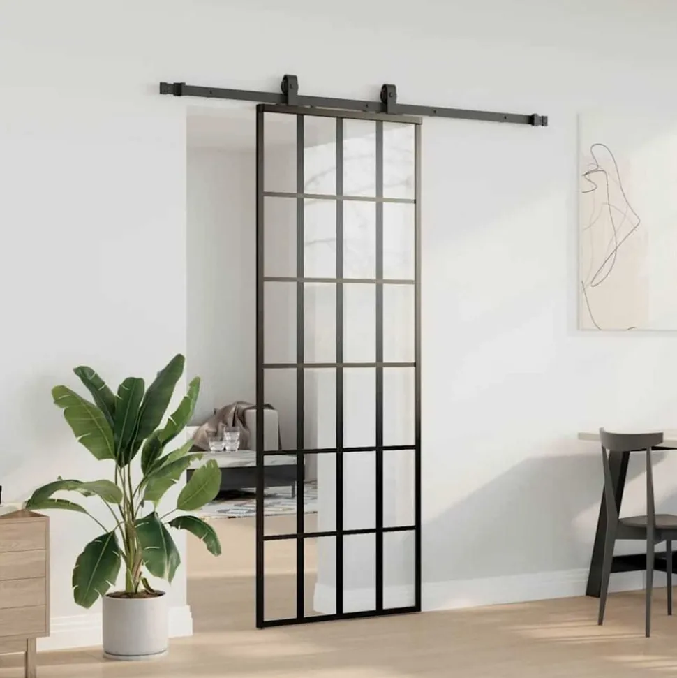 vidaXL Schuifdeur met beslagset 76x205 cm ESG glas zwart