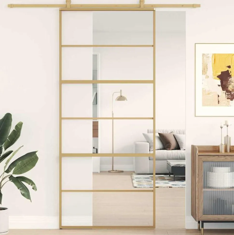 vidaXL Schuifdeur 90x205 cm helder ESG-glas en aluminium goudkleurig