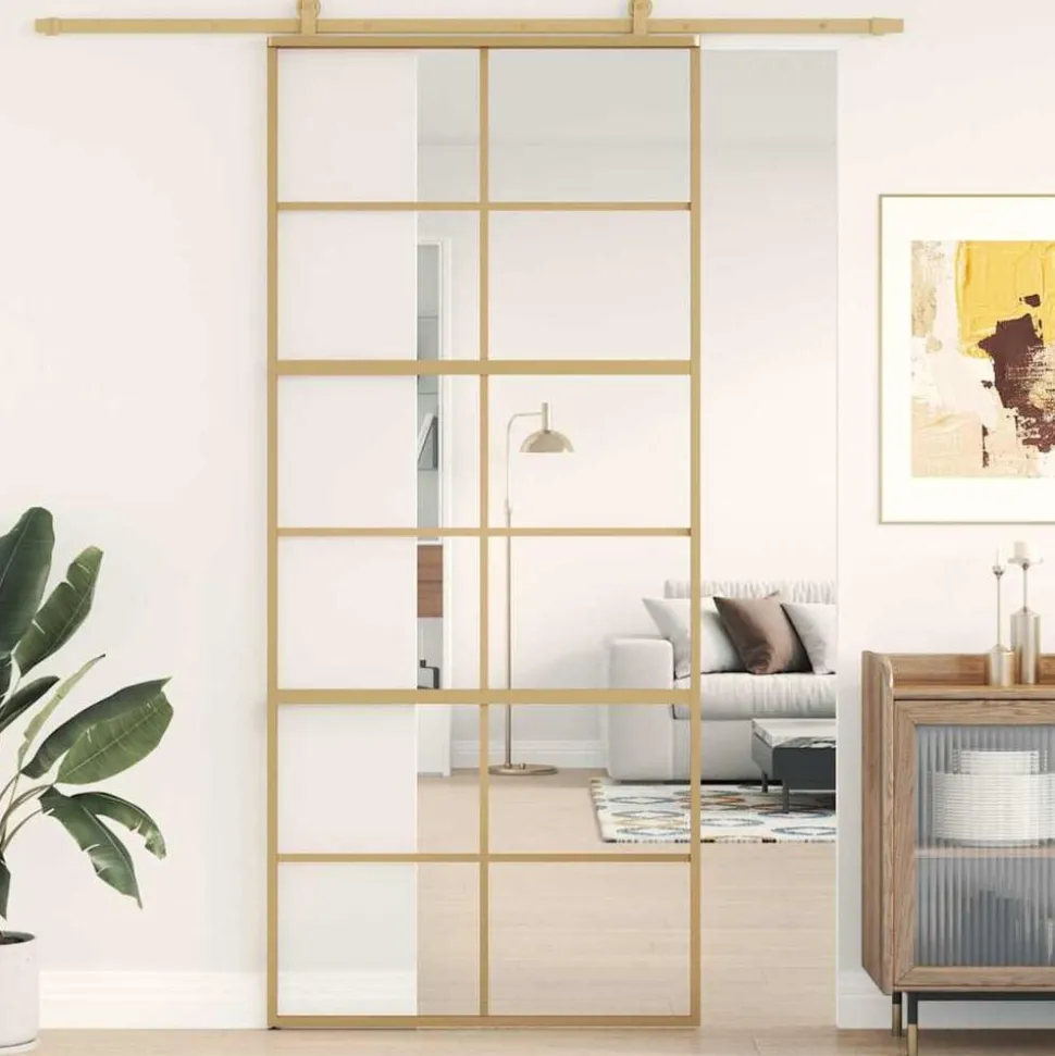 vidaXL Schuifdeur 90x205 cm helder ESG-glas en aluminium goudkleurig