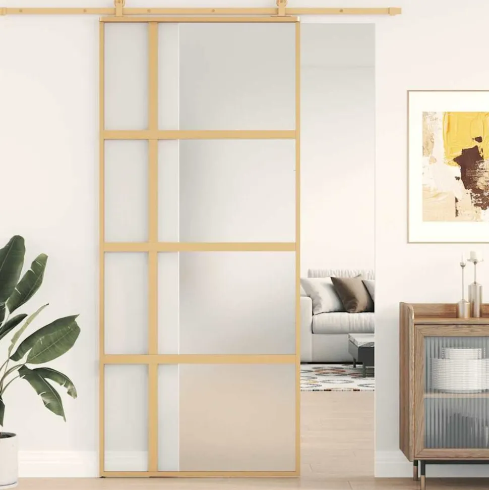 vidaXL Schuifdeur 90x205 cm mat ESG-glas en aluminium goudkleurig