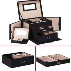 vidaXL Sieradendoosje 3-laags spiegel afsluitbaar 26x18x17,5 cm zwart