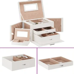 vidaXL Sieradendoosje 3laags met spiegel afsluitbaar 26x18x17,5 cm wit