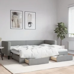 vidaXL Slaapbank met onderschuifbed en lades 80x200 cm stof lichtgrijs