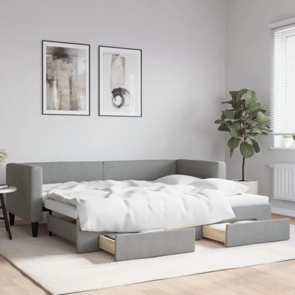 vidaXL Slaapbank met onderschuifbed en lades 80x200 cm stof lichtgrijs