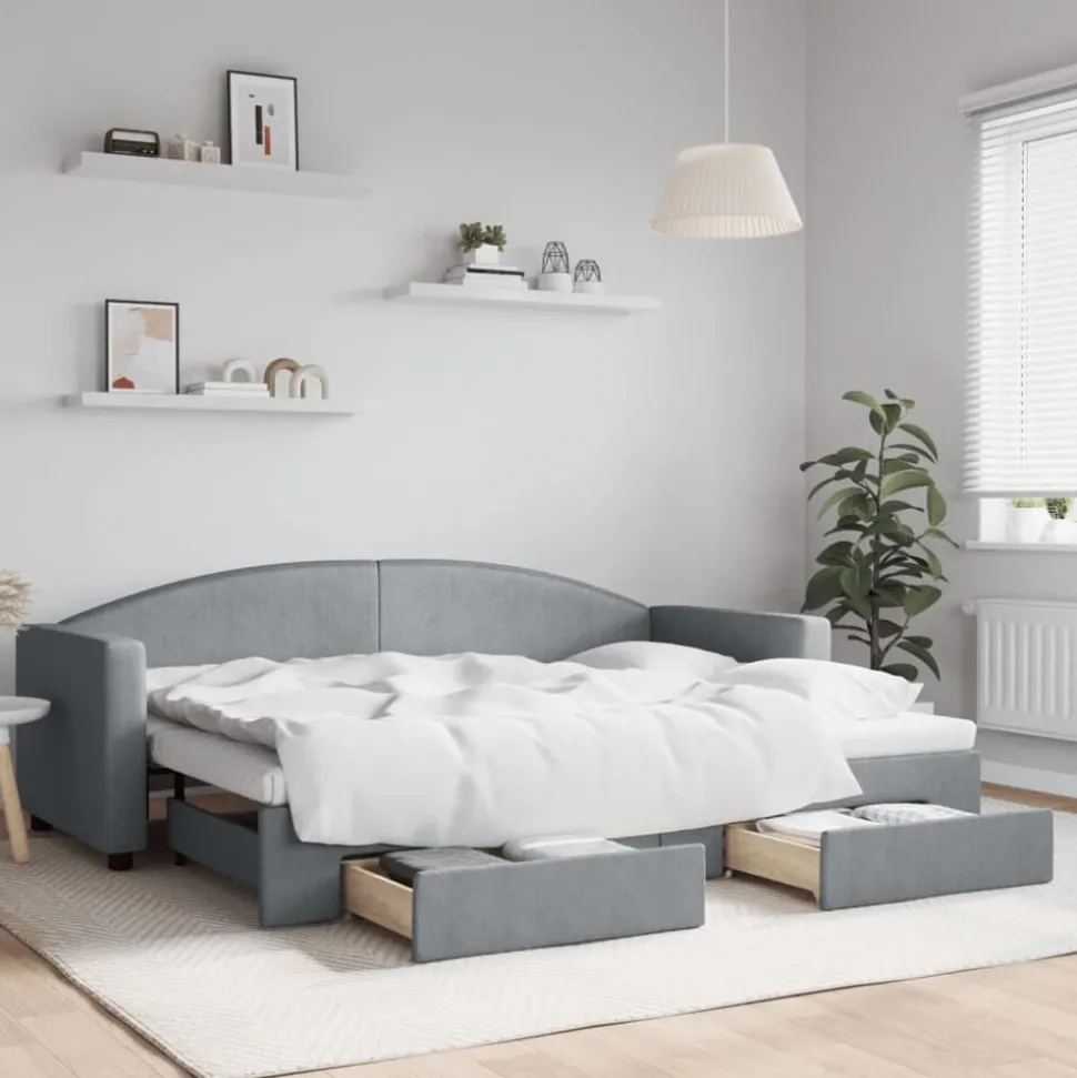 vidaXL Slaapbank met onderschuifbed en lades 80x200 cm stof lichtgrijs