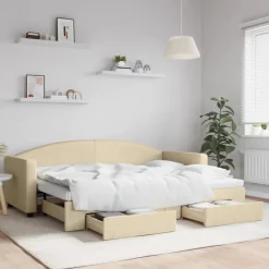 vidaXL Slaapbank met onderschuifbed en lades 80x200 cm stof crèmekleur