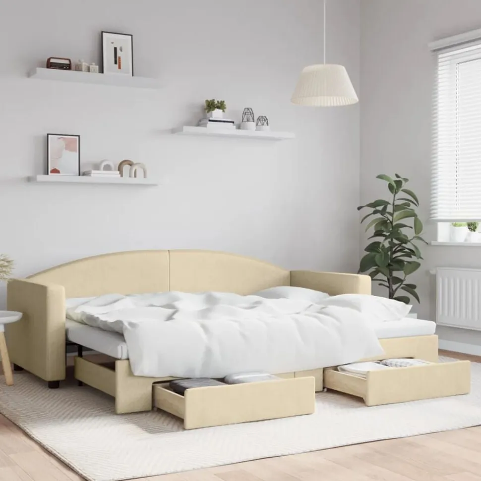 vidaXL Slaapbank met onderschuifbed en lades 80x200 cm stof crèmekleur