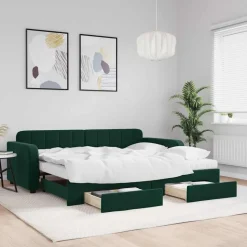 vidaXL Slaapbank onderschuifbed en lades 90x200 cm fluweel donkergroen