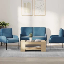 vidaXL Sofa-Sets met kussen 3 pcs Blauw 115 x 56 x 80 cm Multiplex
