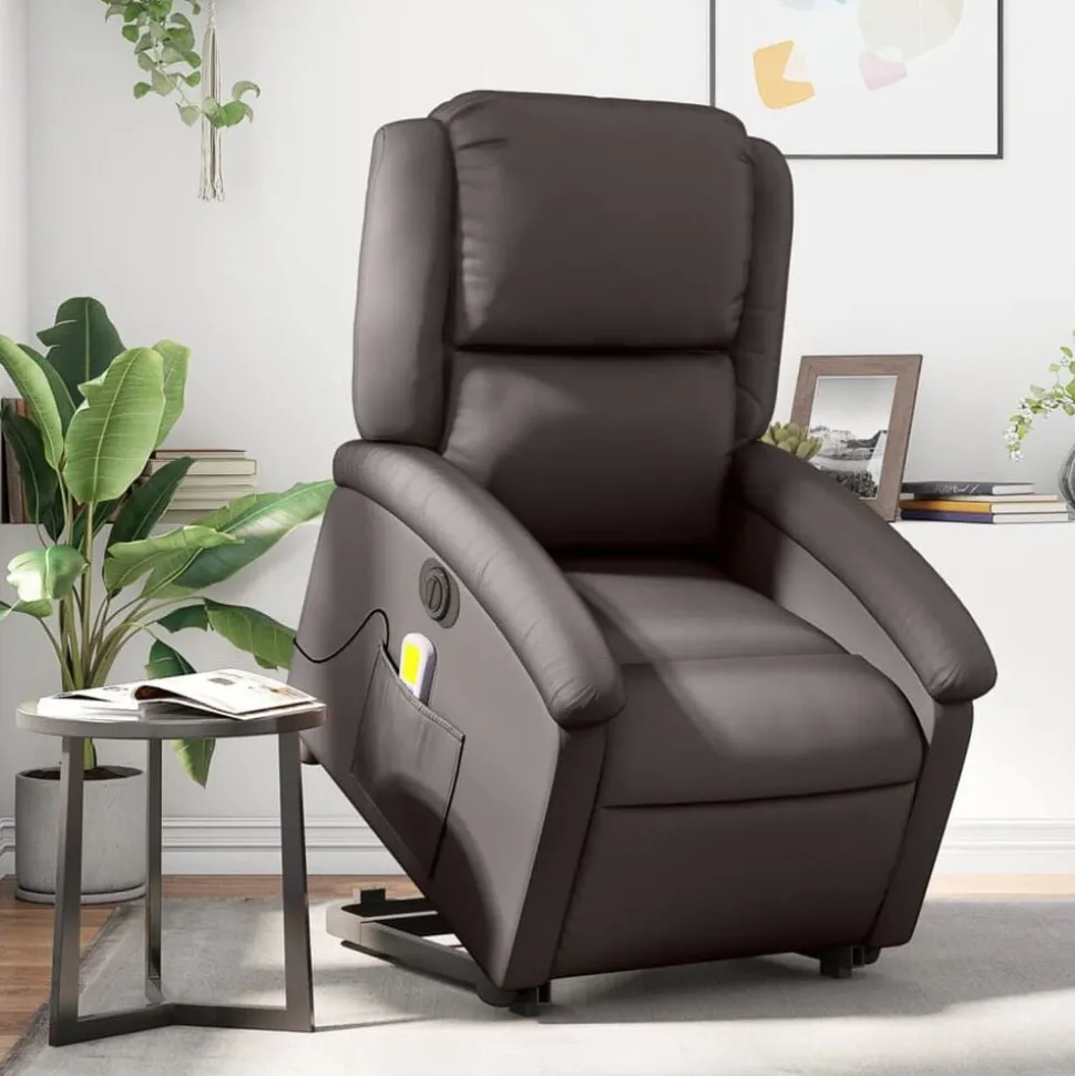 vidaXL Sta-op-massagestoel elektrisch echt leer donkerbruin