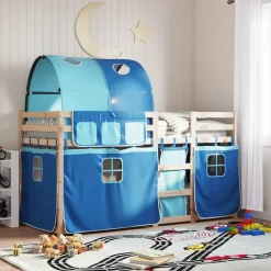 vidaXL Stapelbed met gordijnen 80x200 cm massief grenenhout blauw