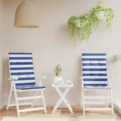 vidaXL Stoelkussens 2 st hoge rug gestreepte stof wit en blauw