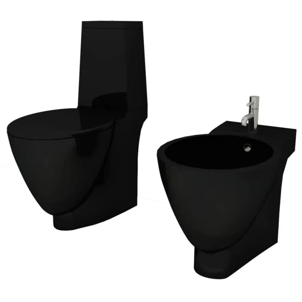 vidaXL Toilet- en bidetset keramiek zwart