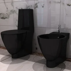 vidaXL Toilet- en bidetset keramiek zwart